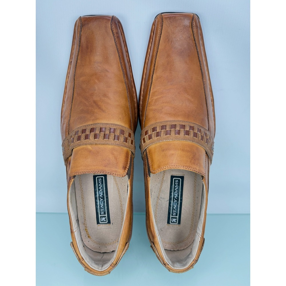 Rare Stacy Adams Loafers 10.5 Tan Leather Woven Strap Square Toe Dress Preppy - Picture 7 of 11